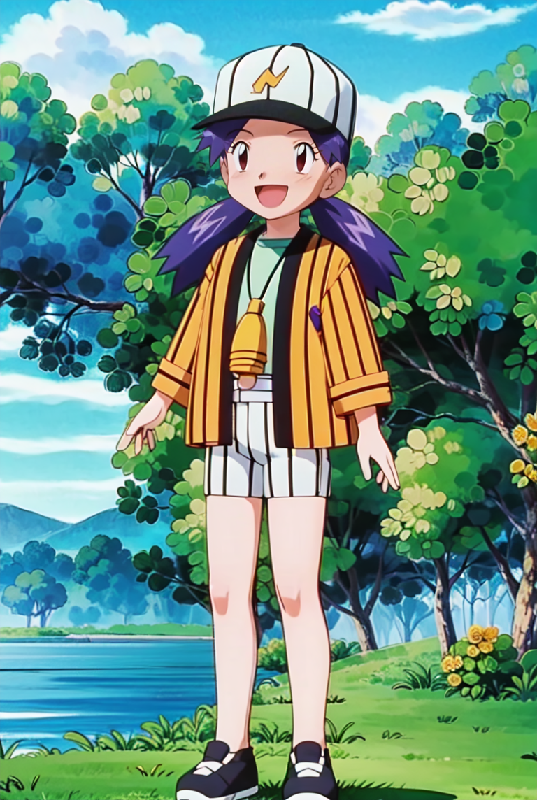 3206642-3786185726-_lora_Casey_0.7_ Casey, 1girl, solo, smile, open mouth, bangs, shirt, hat, standing, jacket, white shirt, _d, outdoors, japanese.png